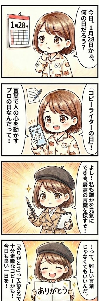 Suika_S22's tweet photo. 今日は1月28日は #コピーライターの日 
言葉ひとつで、モノの価値も、人の気持ちも変わる。
短い一文に本気を詰めてる人たち、ほんと尊敬です。 https://t.co/fbyIfd01FS