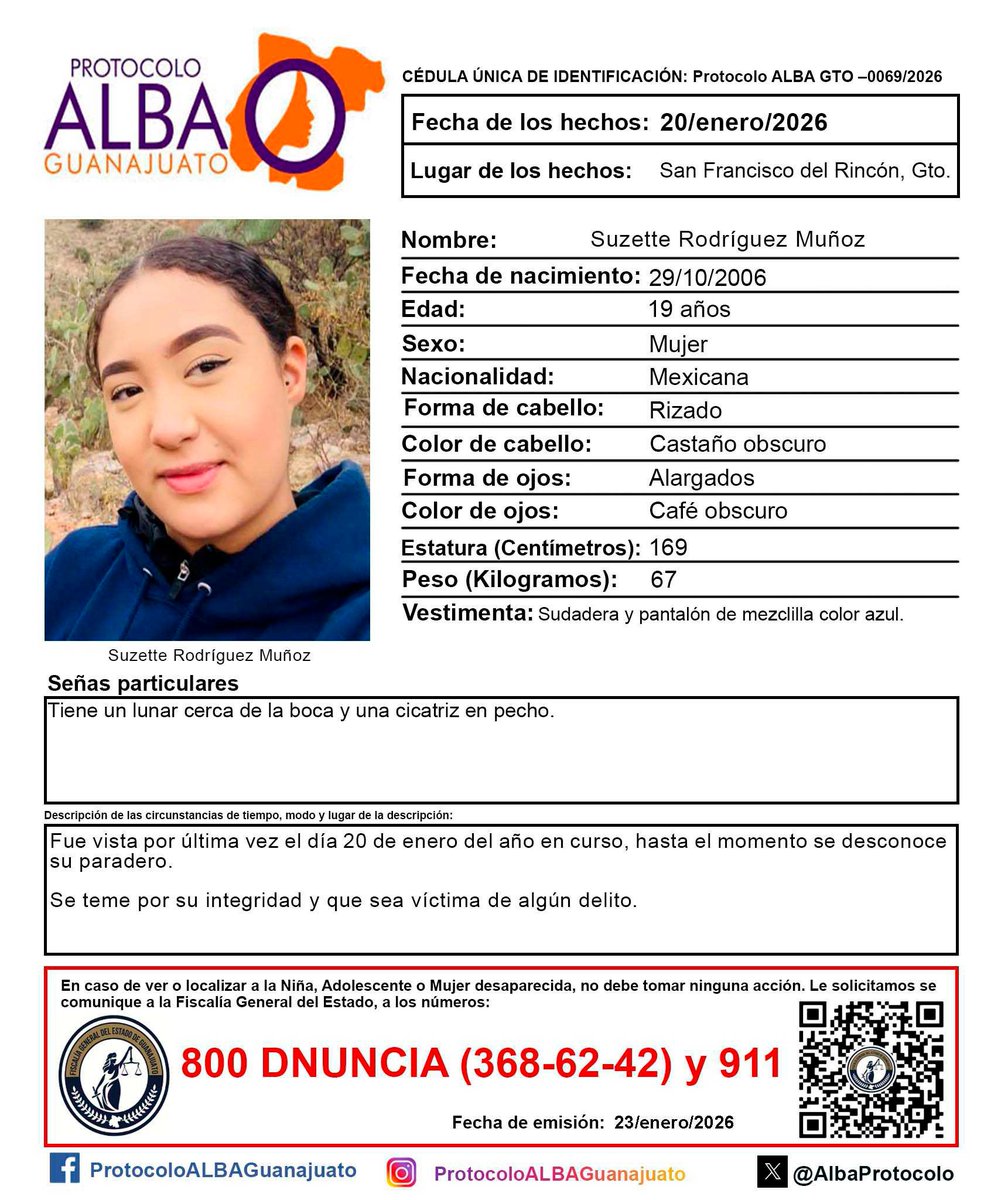 Activación de 𝙋𝙍𝙊𝙏𝙊𝘾𝙊𝙇𝙊 𝘼𝙇𝘽𝘼 de 𝗦𝘂𝘇𝗲𝘁𝘁𝗲 𝗥𝗼𝗱𝗿í𝗴𝘂𝗲𝘇 𝗠𝘂𝗻̃𝗼𝘇, de 𝟭𝟵 𝗮𝗻̃𝗼𝘀 de edad, de 𝗦𝗮𝗻 𝗙𝗿𝗮𝗻𝗰𝗶𝘀𝗰𝗼 𝗱𝗲𝗹 𝗥𝗶𝗻𝗰ó𝗻, 𝗚𝘁𝗼. 
¡Ayúdanos a localizarla!