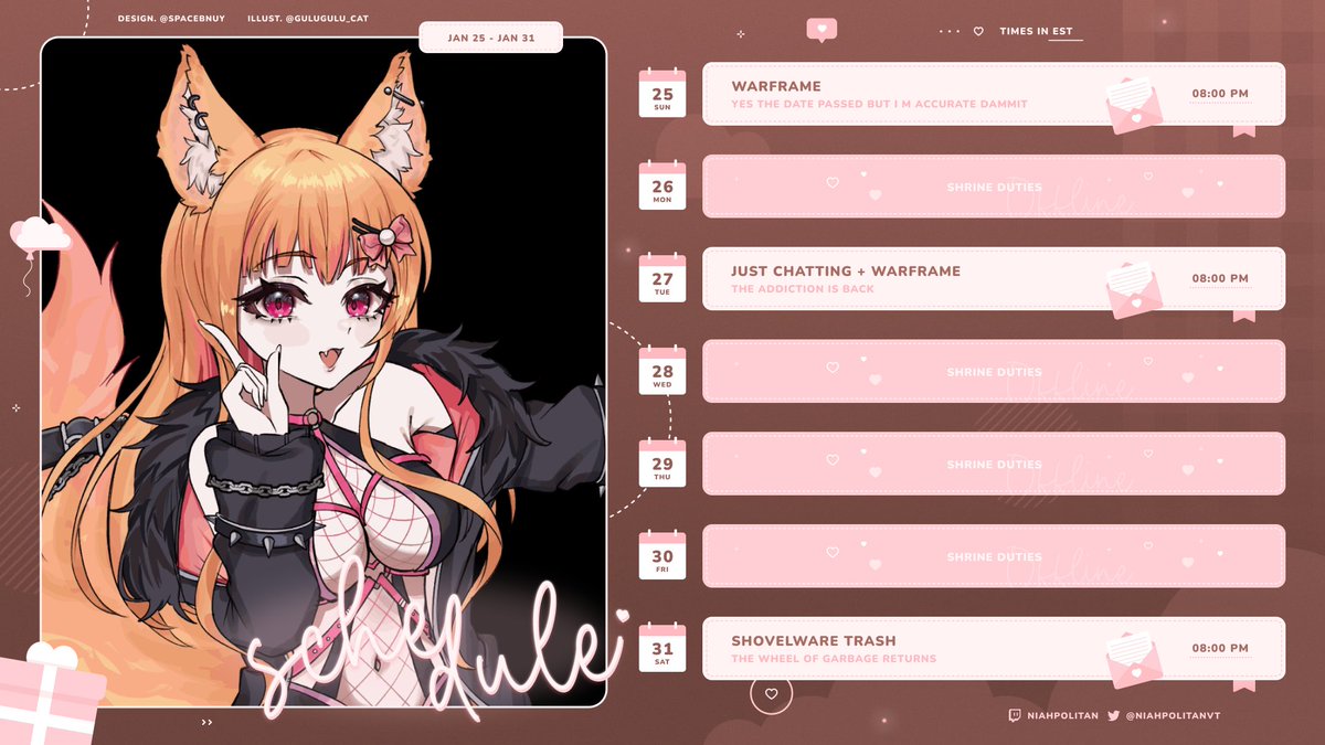 ‿︵ʚ˚̣̣̣͙ɞ SCHEDULE TIME ʚ˚̣̣̣͙ɞ‿︵ 
is it tuesday and im just now putting out the schedule? yes indeed
🍨shhh i know sunday already passed go along with it
🍨yappin and warframe
🍨SHOVELWAREEE

#Vtuber / #ENVtuber