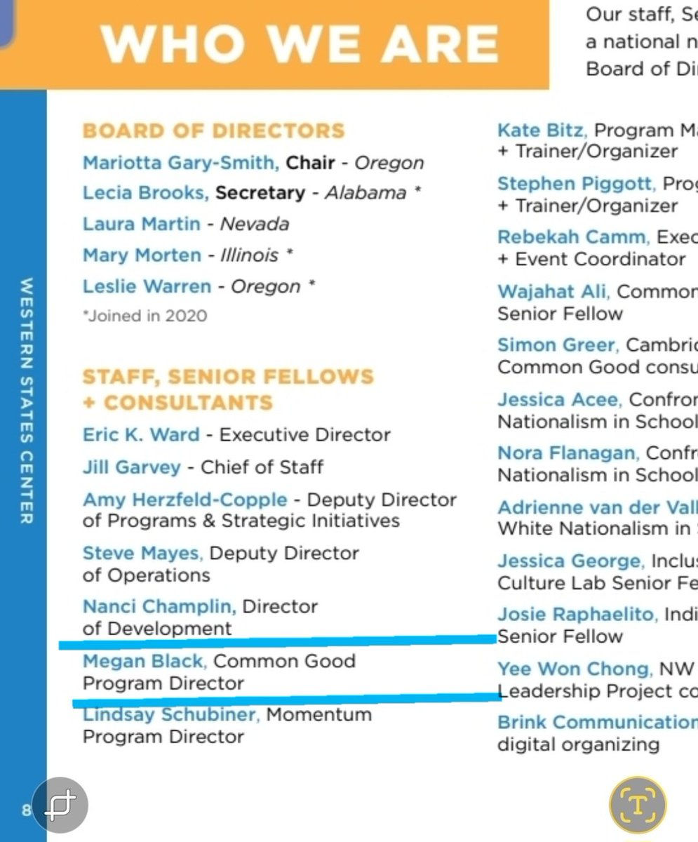labtechleigh's tweet image. CONFIRMED:  Megan Black (now Megan Black Johnson) in the Signalgate donor spreadsheet is the person who is Common Good Program Director at Western States Center. 

WSC ties to States at the Core (leaders Eric Ward and Jill Garvey) and Protect RP,  two groups leading anti-ICE…