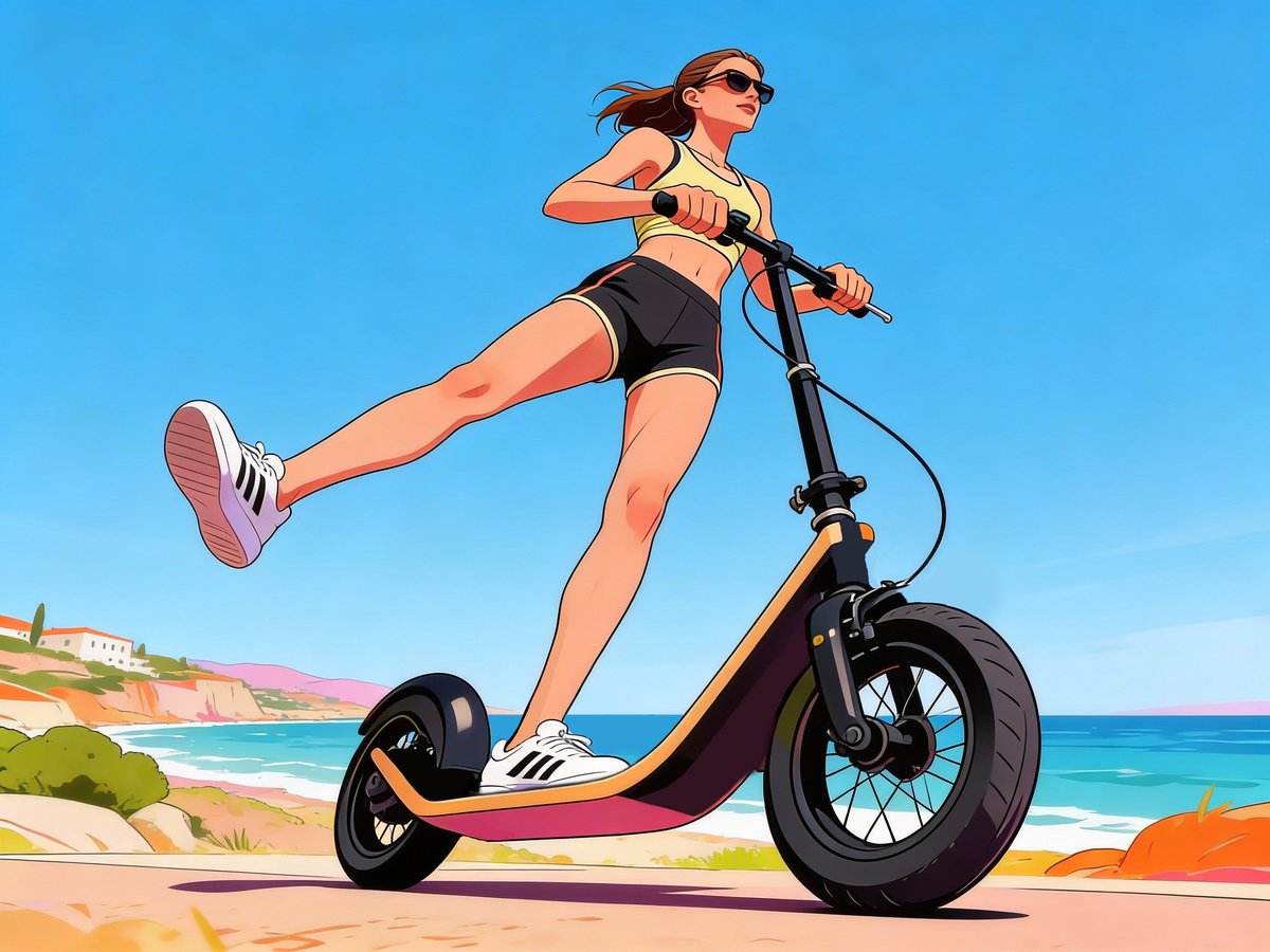 boardyonboard's tweet photo. @JoySoftSpoken I love your drawing, so in return I’m sending you one I just made. Honestly, AI helped with the base, but in the end I spent a lot of time in GIMP refining the scooter to make it closer to ours. 😉 Do you think it looks similar? #ArriveSmiling https://t.co/amImhnhUN4