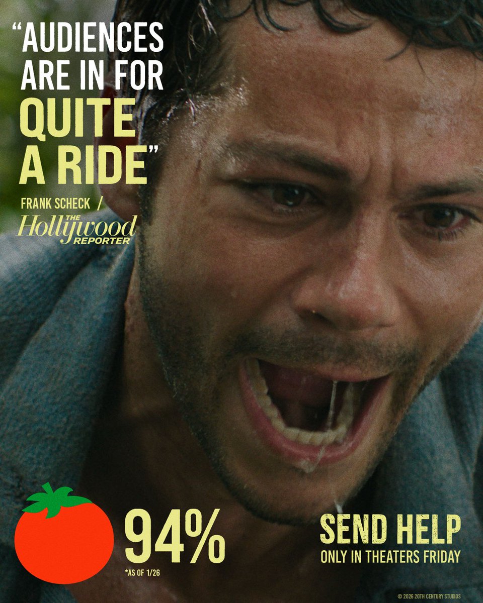 20thcentury's tweet photo. Experience SEND HELP in theaters this Friday.

Directed by Sam Raimi, starring Rachel McAdams &amp; Dylan O’Brien. Get tickets now! https://t.co/5zVrVUeOWY
