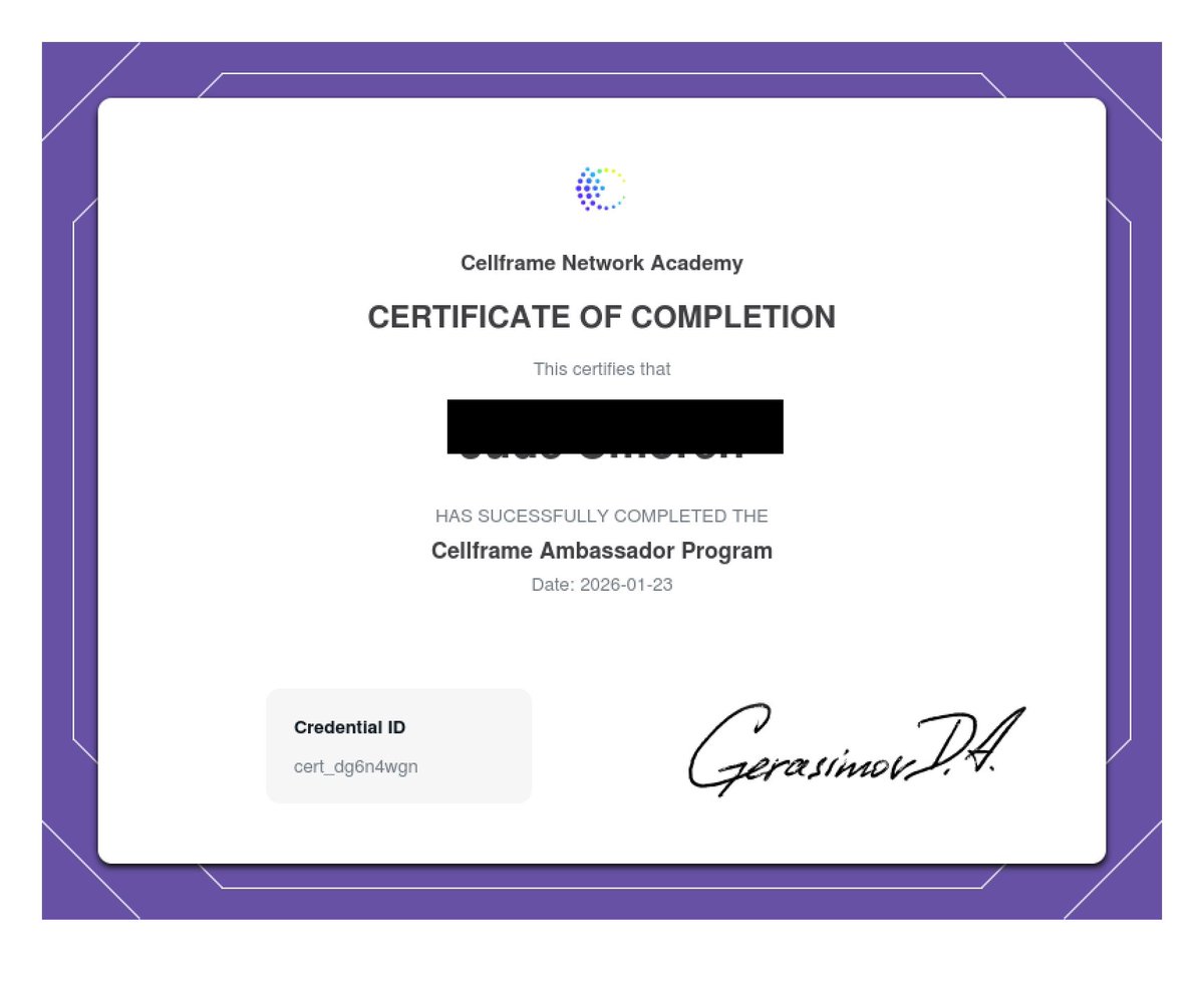 too_jayded's tweet photo. I just received my Cellframe Certificate ✅

A rewarding journey of learning, growth, and deeper understanding of the @cellframenet  Network. My Web3 journey continues...

#Ambassadorprogram #cellframe https://t.co/06igec35TH