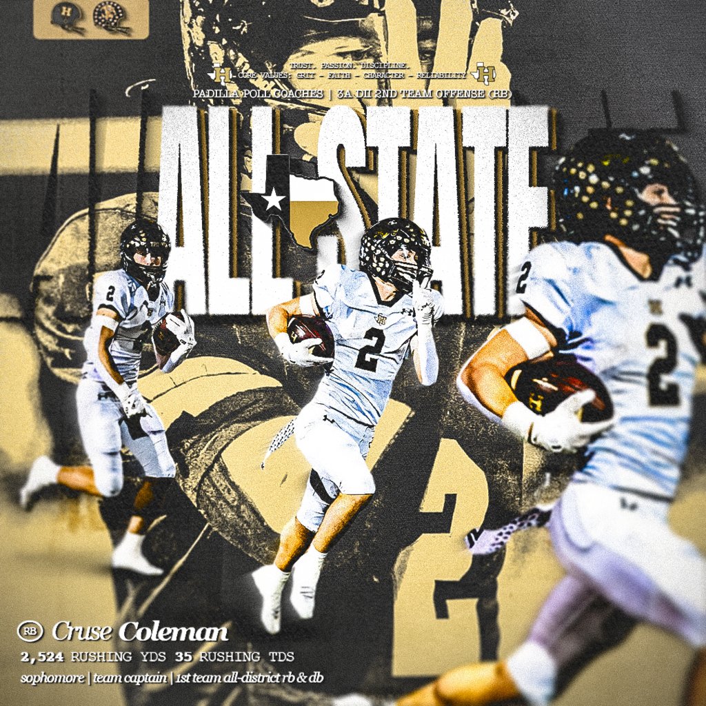 🔥 ALL-STATE HONORS 🔥

Sophomore RB Cruse Coleman puts his name on the map, earning a spot on the Padilla Poll Coaches All-State 3A DII 2nd Team Offense (RB) 🏈💥

HISD is so proud of you. The standard stays high, and Cruse is just getting started!
#TPD