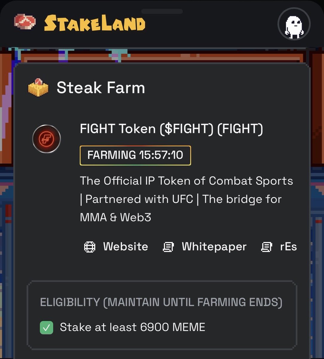 🔜Less than 16 hours before the Stakeland $FIGHT Steaks 🥩 burn takes place.

Make sure you stake at least 6,900 $MEME to be eligible to burn your steaks,that’s ~ $8
If you want to accumulate more steaks,you’ll need to stake more $MEME 📈