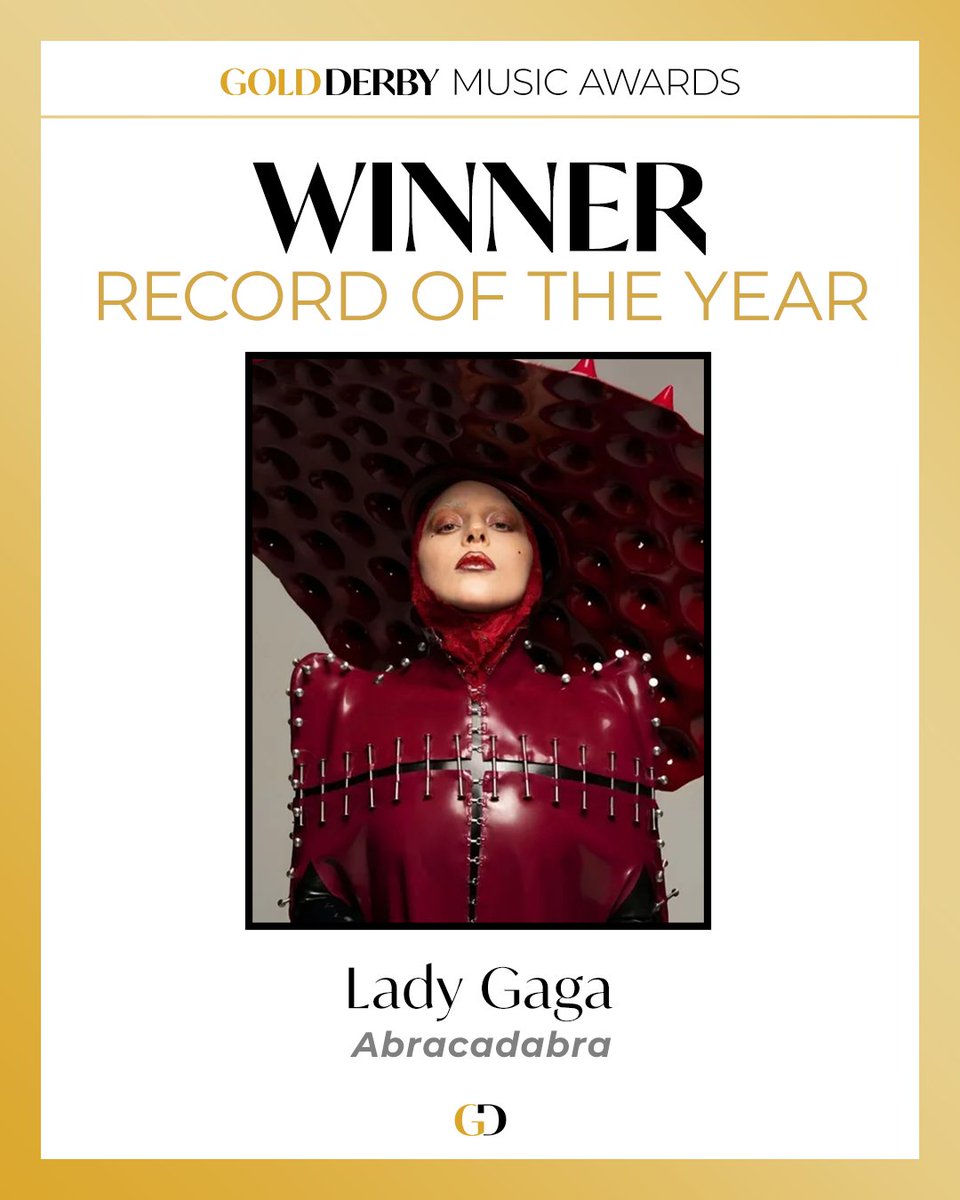 GoldDerby's tweet photo. Hold her in your heart tonight. 🖤 "Abracadabra" by Lady Gaga is your 2026 Gold Derby Music Awards Record of the Year. 🏆️

See the full list of winners: https://t.co/cpbitlq9Iz https://t.co/m4HIYwIfPH