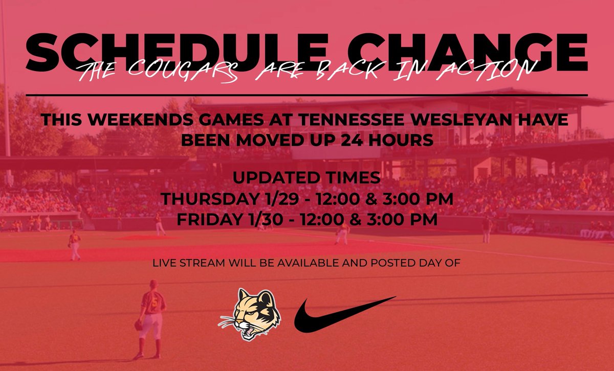 IUKBaseball's tweet image. 🚨SCHEDULE CHANGE🚨

Opening Day at @TwuBaseball has been moved up 24 hours!

Thursday 1/29 - 12:00 &amp;amp; 3:00 PM
Friday 1/30 - 12:00 - 3:00 PM