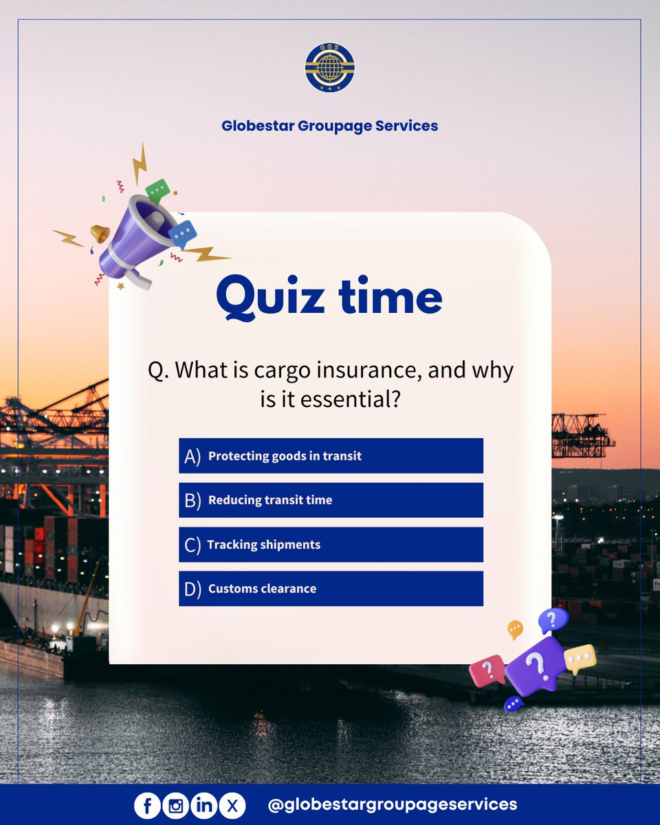 globestartweets's tweet photo. Quiz Time 🚢📦
Do you know why cargo insurance is a must-have in logistics? 🤔

Drop your answer in the comments 👇

#GGS #QuizTime #LogisticsQuiz #CargoInsurance #FreightInsurance #SupplyChain #GoodsInTransit #RiskManagement #LogisticsAwareness #ShippingSolutions https://t.co/BuW7BN8vYy