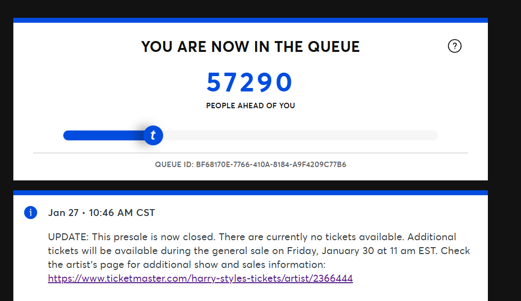 lil_fricker's tweet photo. This happened in both of my queues today.  This is insane &amp; ticket prices are astronomical. Disco, never 🥴 https://t.co/MiTdxzNbKX