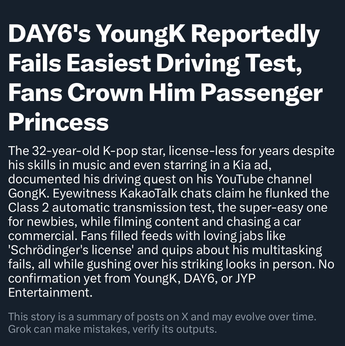 bbirongcatx's tweet photo. the news summary of youngk failing the driving test lmfao https://t.co/phXgVlpu9e