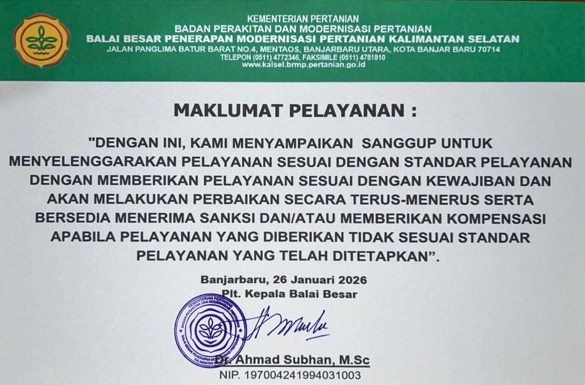 Sebagai badan publik, Balai Besar Penerapan Modernisasi Pertanian Kalimantan Selatan berkomitmen menyelenggarakan pelayanan sesuai standar dan peraturan perundang-undangan.
