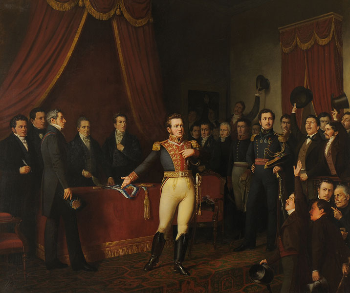 El 28 de enero de 1823, Bernardo O’Higgins Riquelme abdicó para evitar una guerra civil, en uno de los gestos más significativos de su compromiso con el país.

La abdicación de O'Higgins.
Manuel Antonio Caro
Museo Histórico Nacional
1875