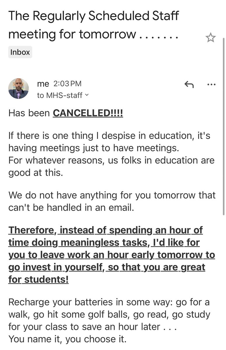 chriscfore's tweet image. One of my pet peeves in education: useless meetings. 
I used to sit there saying "If I'm ever a Principal . . . . "