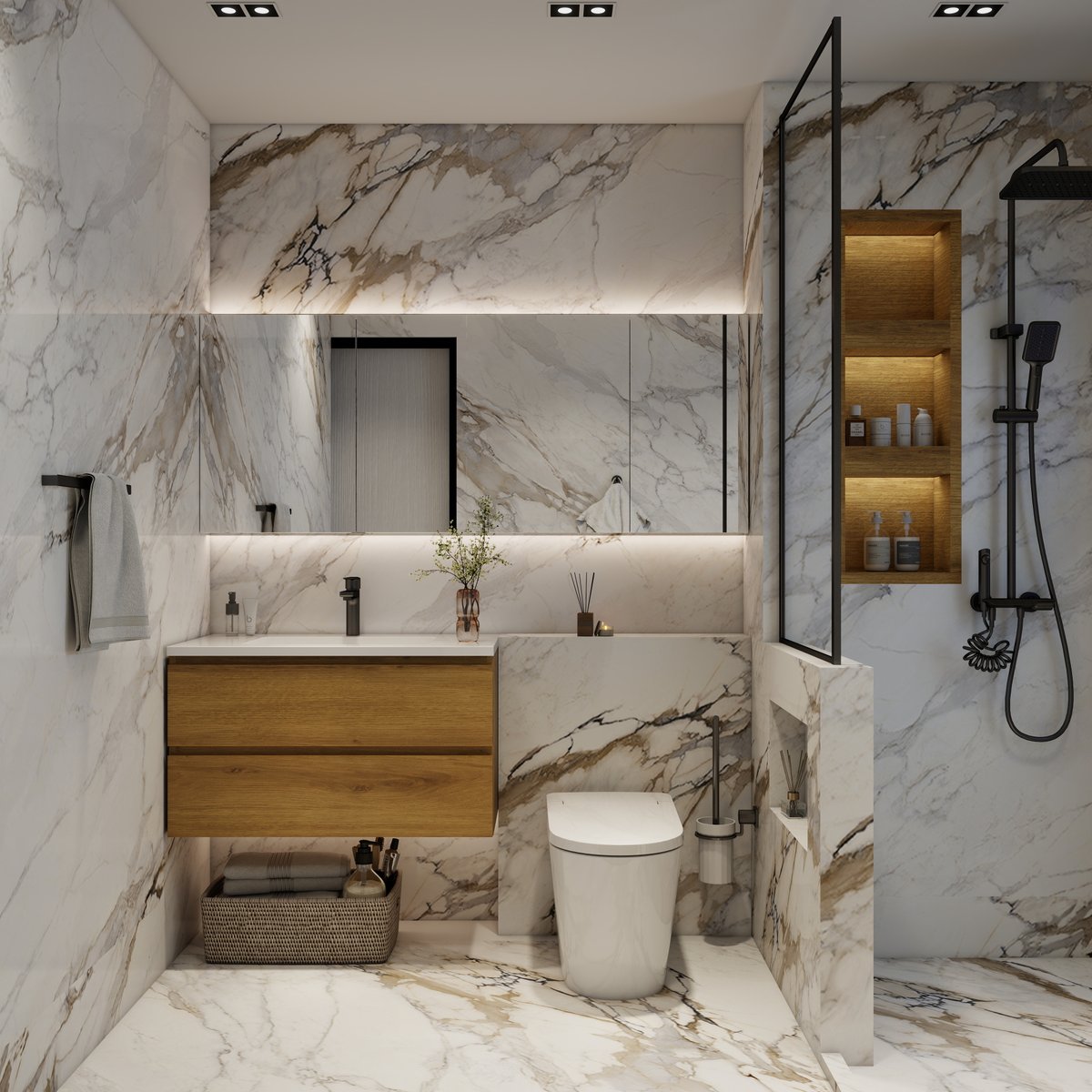 TONA_Bath's tweet photo. The TONA Angela bathroom vanity features a wood and marble color scheme, with separate zones for washing, toileting, and storage, ensuring a spacious and uncluttered feel.

The smart toilet and handleless wall cabinets create a clean and minimalist look https://t.co/chvjNr4Mw5