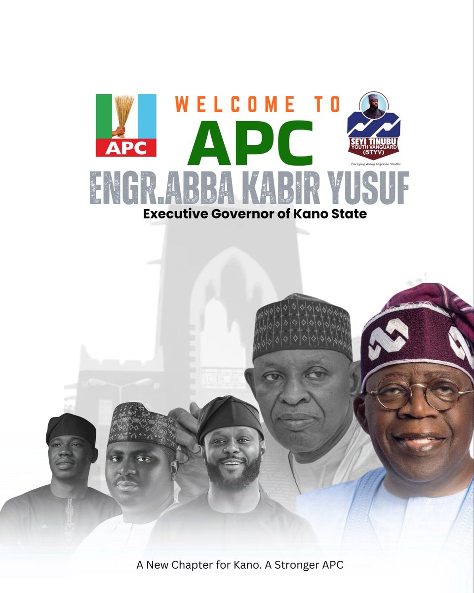 styouthvanguard's tweet photo. On behalf of our Grand Patron, Mr. Seyi Tinubu, we warmly welcome His Excellency, Engr. Abba Kabir Yusuf, Executive Governor of Kano State, to the All Progressives Congress (APC).

#APC #KanoState #RenewedHope #Seyitinubuyouthvanguard https://t.co/fLSyRlm8r5