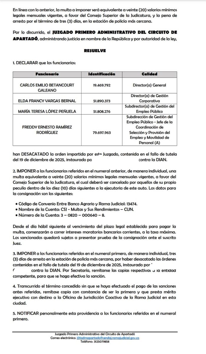 1JuanDavid23's tweet photo. No hay Director de la DIAN que se salve! Todos han sido sancionados por desacato. Tanto ha sido la desidia de la administración que está vez el Juez les impuso la máxima sanción de 20SMMLV y 3 días de arresto. 
Hasta cuando tendremos una entidad incapaz de cumplir. #Betancourt https://t.co/KRisZjCrS9