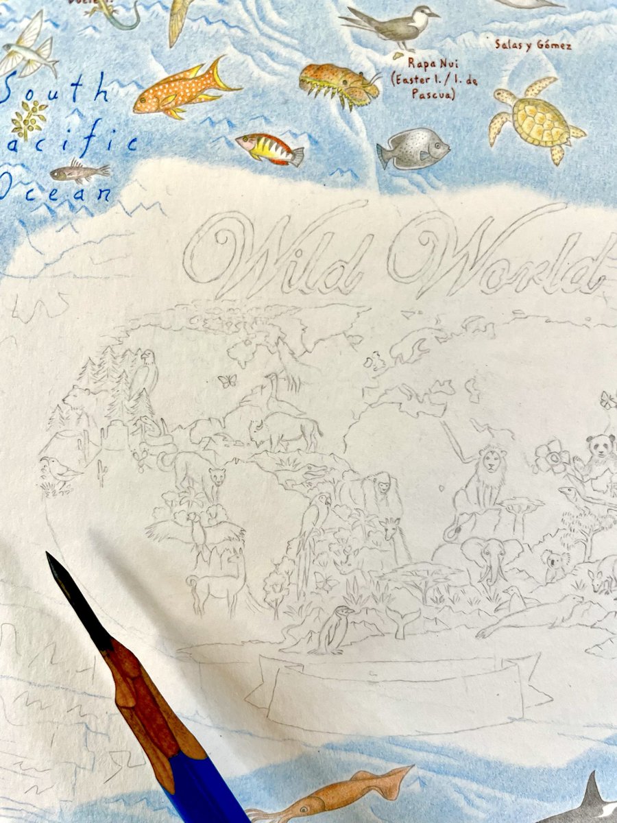AntonThomasMaps's tweet photo. The cartouche was the last thing drawn on Wild World. It’s a mini version of the entire artwork, with a map hidden in the negative space.

Cartouches are decorative emblems on maps, often where title, date, legend &amp; other details are included. I tend to go crazy with mine 😅 https://t.co/zJgmZg3wqL