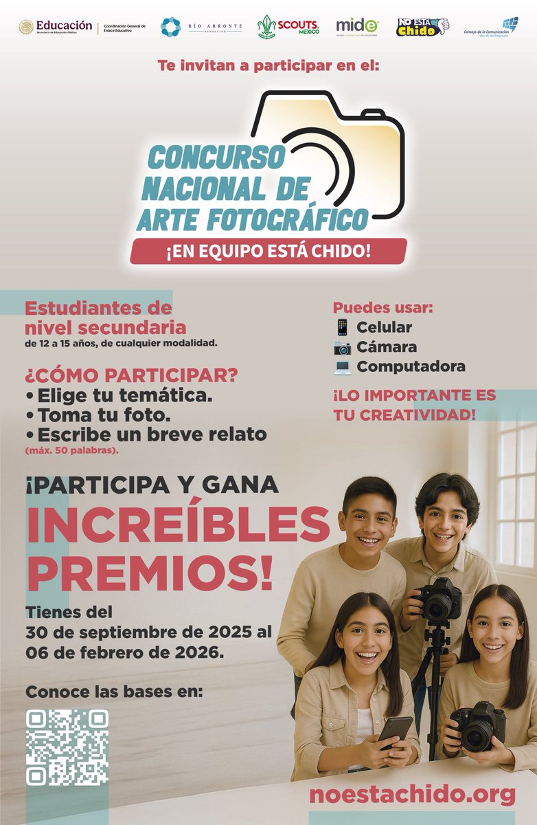 ¡Tu creatividad puede llevarte muy lejos! 📸✨

Si tienes entre 12 y 15 años el Concurso Nacional de Arte Fotográfico es para ti. 🤩

🖼️ Eligue tu temática.
🤳 Toma tu foto.
🖊️ Describe un breve relato.

Tienes hasta el 6 de febrero para participar: noestachido.org