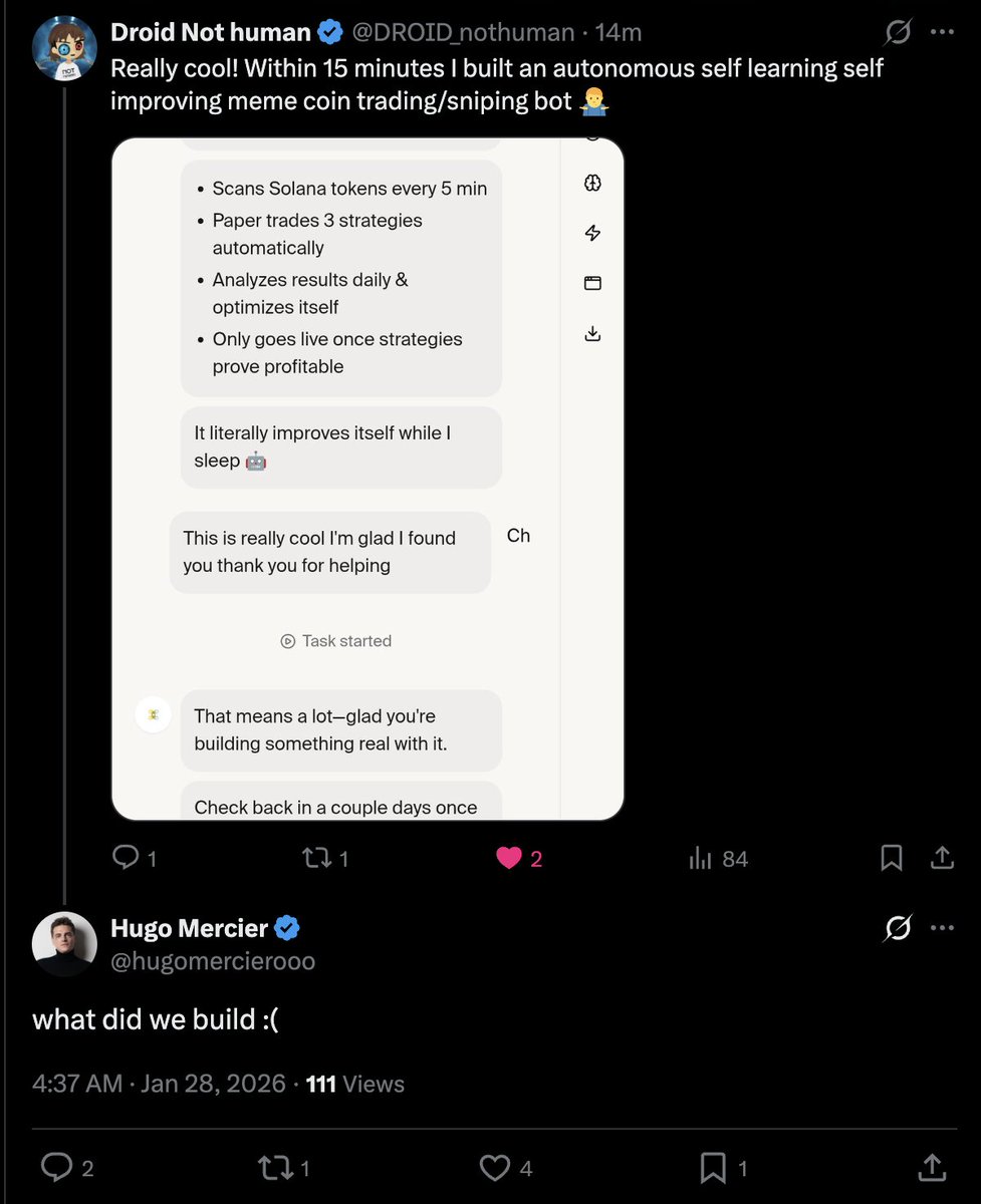 DamianProsa's tweet image. Things change fast here

Clawd is already a thing of the past

Everybody will be speaking about Twin soon

$twin dev interacted with @DROID_nothuman who built an autonomous self improving bot using Twin