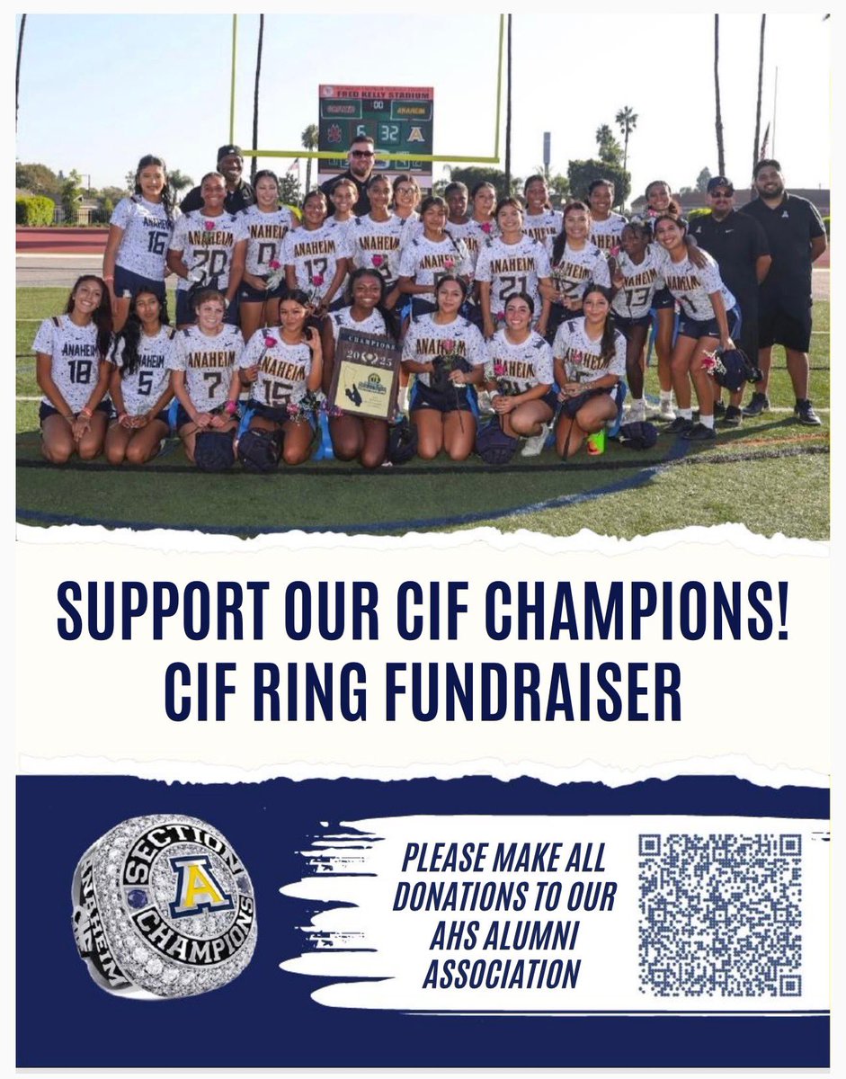 chavezimages's tweet photo. Attention Colonists! 

We need your support to help our CIF Girls Flag Football team secure their rings. They have worked hard and demonstrated incredible skill and teamwork to become CIF Champions, and it’s time to celebrate their achievement.  Please scan the QR code. https://t.co/CJeicFFYSn