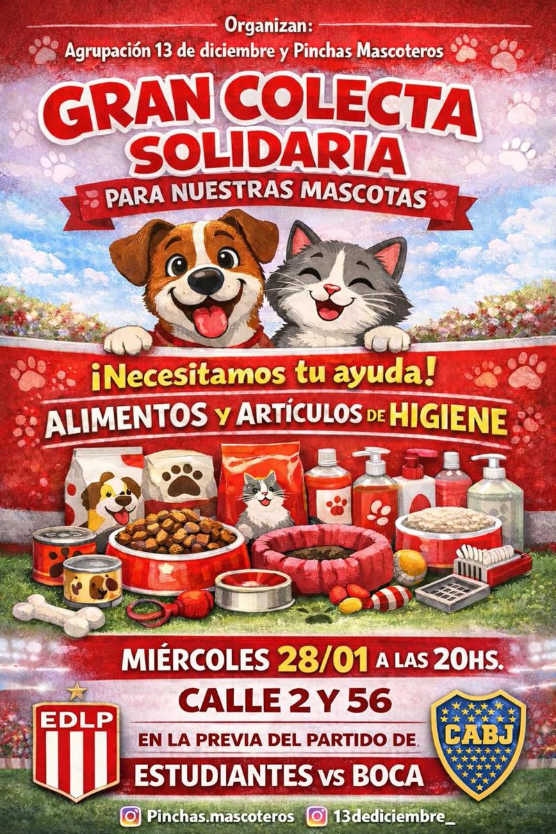 Turcolibia's tweet image. #Dato: Mañana en la previa del partido entre #Edlp y #Boca un grupo de socios e hinchas juntaran en 2 y 56 alimentos y productos de higiene para mascotas. Es para donar a entidades que cuidan de ellos #LaPlata