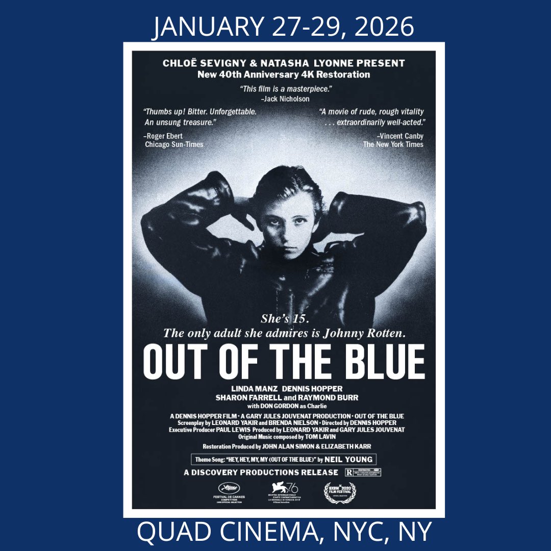 OUT OF THE BLUE 4K <a href="/QuadCinema/">Quad Cinema</a> this week. Open tonight with in person intro by Julian Schnabel tomorrow night Chloë Sevigny will be there with Linda Manz iconic <a href="/HopperMovieOOTB/">OutOfTheBlueDennisHopper</a> jacket. quadcinema.com/film/out-of-th…
