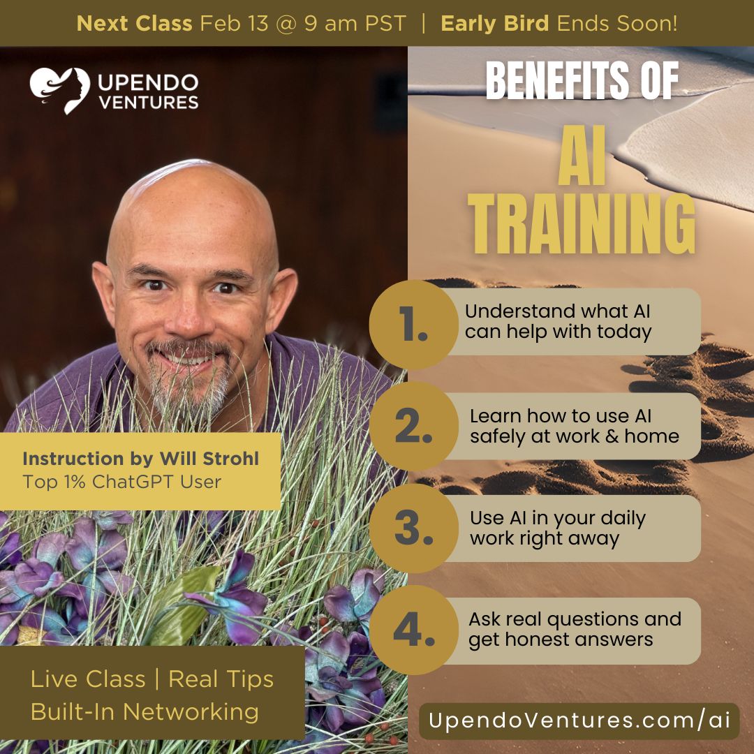 UpendoVentures's tweet photo. Our beginner AI class helps professionals learn what AI can do today, how to use it safely, and how to apply it right away in real work. Built for clarity, curiosity, and growth. 

Reserve a Seat: https://t.co/aF32VkzrY7 

#AITraining #SmallBusinessGrowth #BayAreaBusiness https://t.co/x0hihJndZU