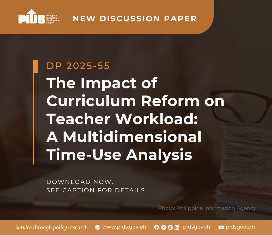 pidsgovph's tweet image. Curriculum reform changes how teachers spend their time.

A new PIDS study finds less teaching time, more preparation, and stable wellbeing and sleep among teachers in pilot schools.

Read: bit.ly/pidsdp2025-55

#CurriculumReform #TeacherWorkload #TeacherWellbeing