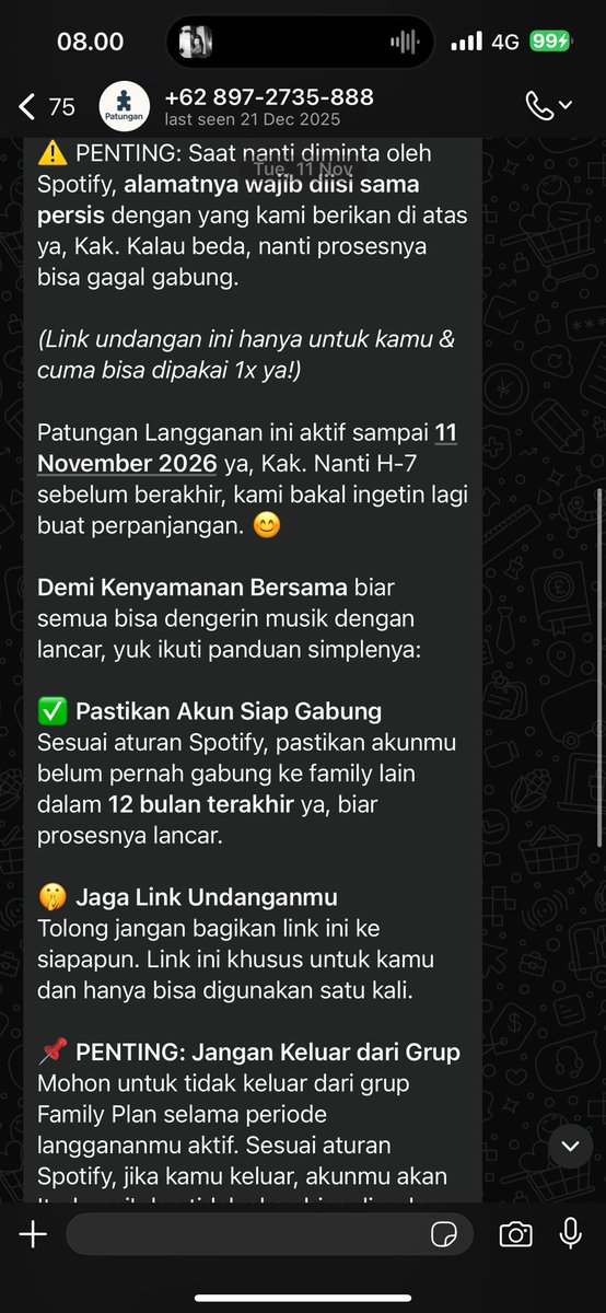 hendraar's tweet photo. Halo kak @patunganyuk_id spotify premium aku di kick out dr group sdgkn masih sampe november 2026 aku coba text whatsapp dan tele no jawaban. Help https://t.co/gHnSgvL2mo
