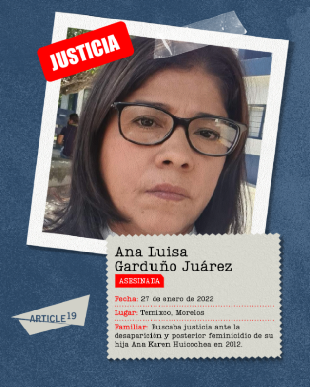 🕯️ Hoy recordamos a Ana Luisa Garduño Juárez, activista y defensora de derechos humanos.

Por más de 9 años, emprendió una lucha social y jurídica en busca de justicia para su hija Ana Karen.

Ana Luisa fue asesinada hace 4 años.