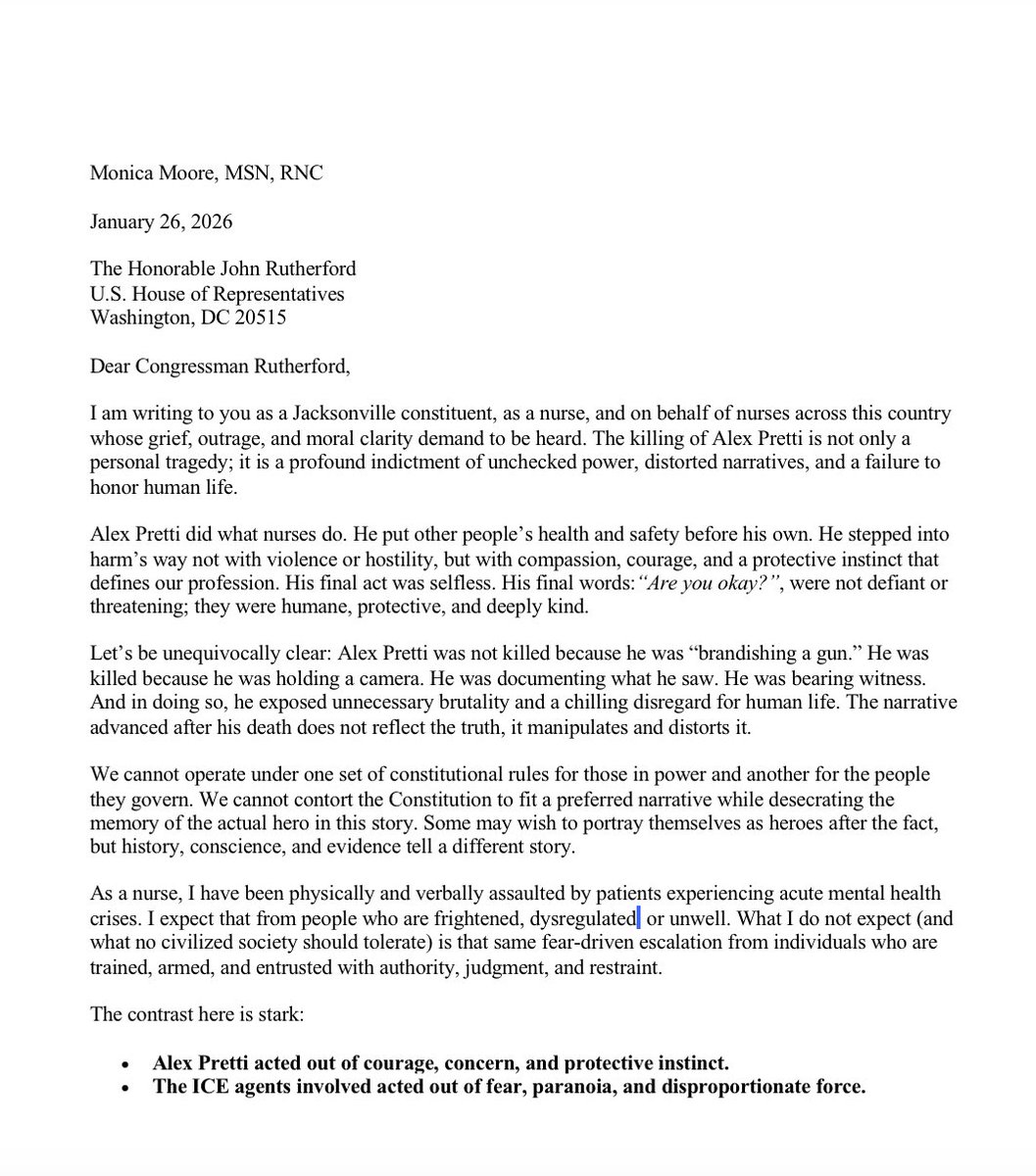 MonicaMoore422's tweet photo. @jonstewart @jonstewart I’ve sent you a letter concerning the killing of #AlexPretti written from a nursing perspective. Your consistent insistence on truth and accountability is greatly appreciated. https://t.co/3GL2XSg79y
