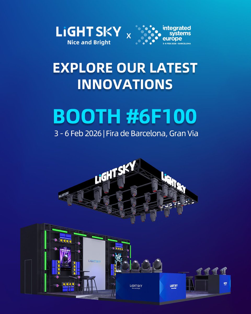 LightskyNews's tweet photo. Discover LiGHT SKY’s latest lighting innovations developed for the professional stage. #ISE2026

Booth 6F100
3–6 February 2026
Fira de Barcelona, Gran Via

Visit us and connect with the LiGHT SKY team in Barcelona. ✨

#lightskylighting #effectlighting #StageLighting #Barcelona https://t.co/WnlW7mTWJz