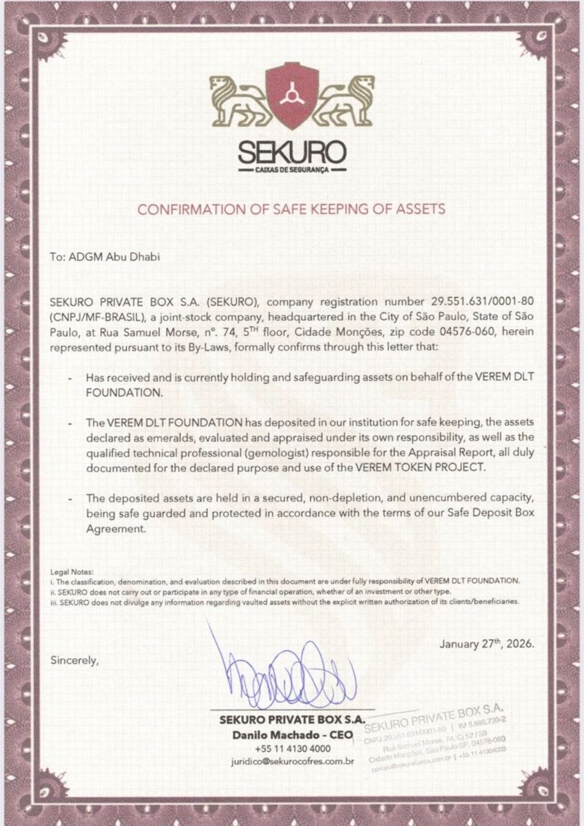Documento direcionado ao ADGM – Abu Dhabi Global Market, um dos maiores centros financeiros do mundo.

Lastro real.
Custódia comprovada.
Projeto sério. 💎🔥

#VEREM #ADGM #RWA #CryptoAssets #LastroReal #Web3 #InvestimentoSeguro