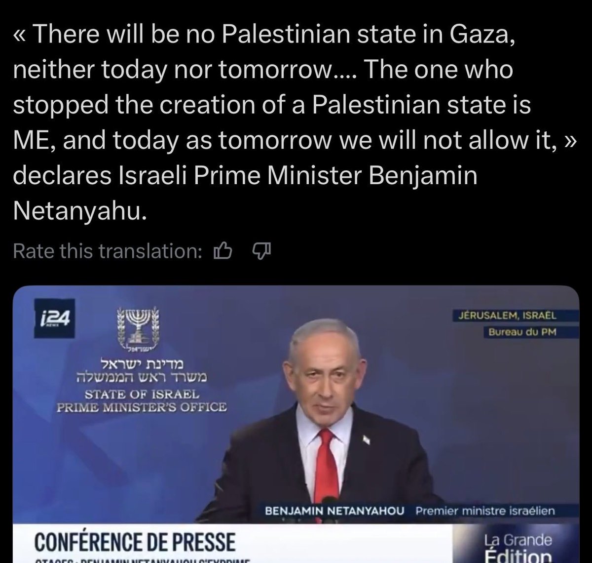 “No habrá un Estado palestino en Gaza, ni hoy ni mañana…Quien detuvo la creación de un Estado palestino fui YO, y hoy, como mañana, no lo permitiremos” / Lo que Netanyahu está confesando pública y abiertamente, es que el problema no es Hamás, ni la violencia, ni la falta de