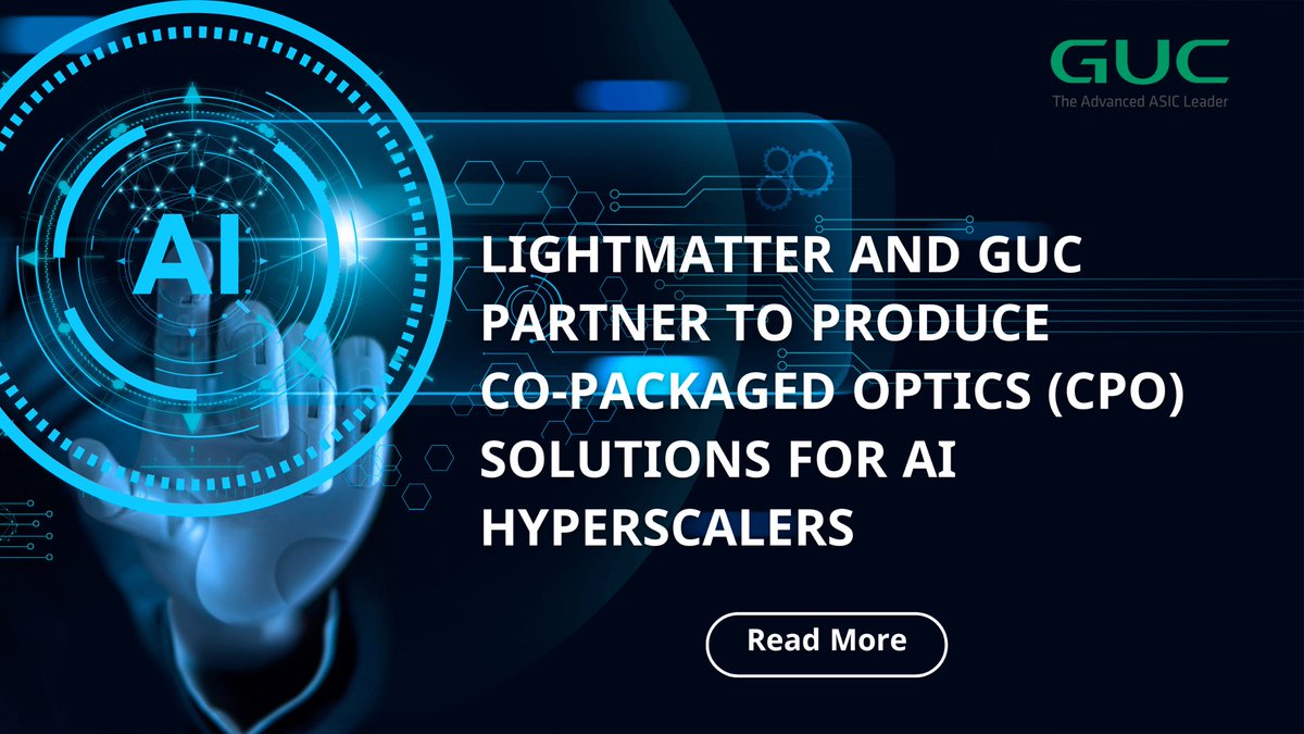 GUC_ASIC's tweet photo. Lightmatter × Global Unichip Corp.
Strategic partnership to commercialize Passage™ 3D CPO, redefining AI interconnect at hyperscale.
Combining silicon photonics with advanced ASIC, chiplet &amp; packaging to break I/O limits.
🔗 Full PR: https://t.co/fapGkqodqV https://t.co/aX7NKDqG2M