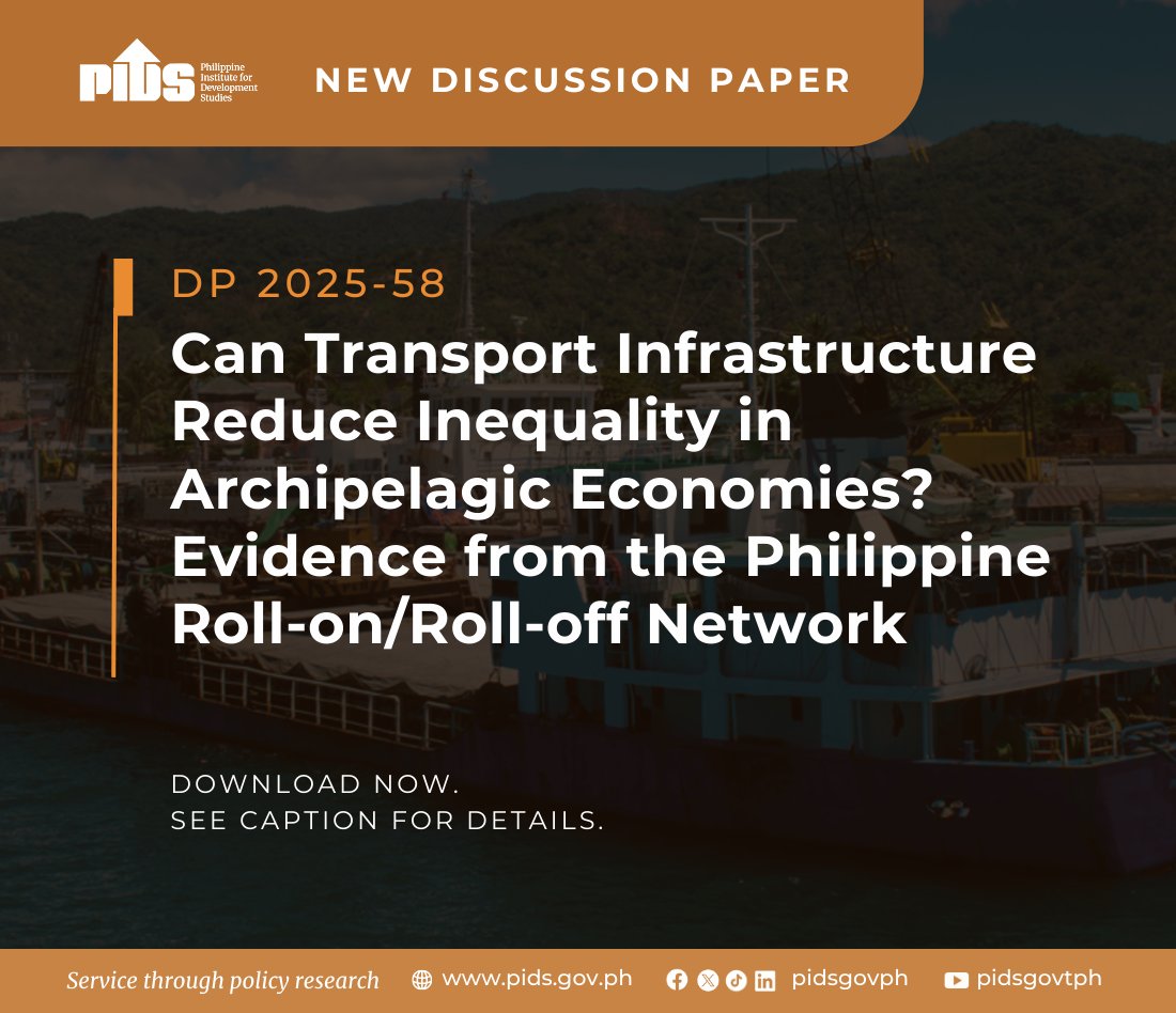pidsgovph's tweet image. Can better transport links reduce inequality?

A new PIDS study examines how the Roll on Roll off network affected income distribution across Philippine municipalities.

Read: bit.ly/pidsdp2025-58

#TransportInfrastructure #InclusiveGrowth #RegionalDevelopment