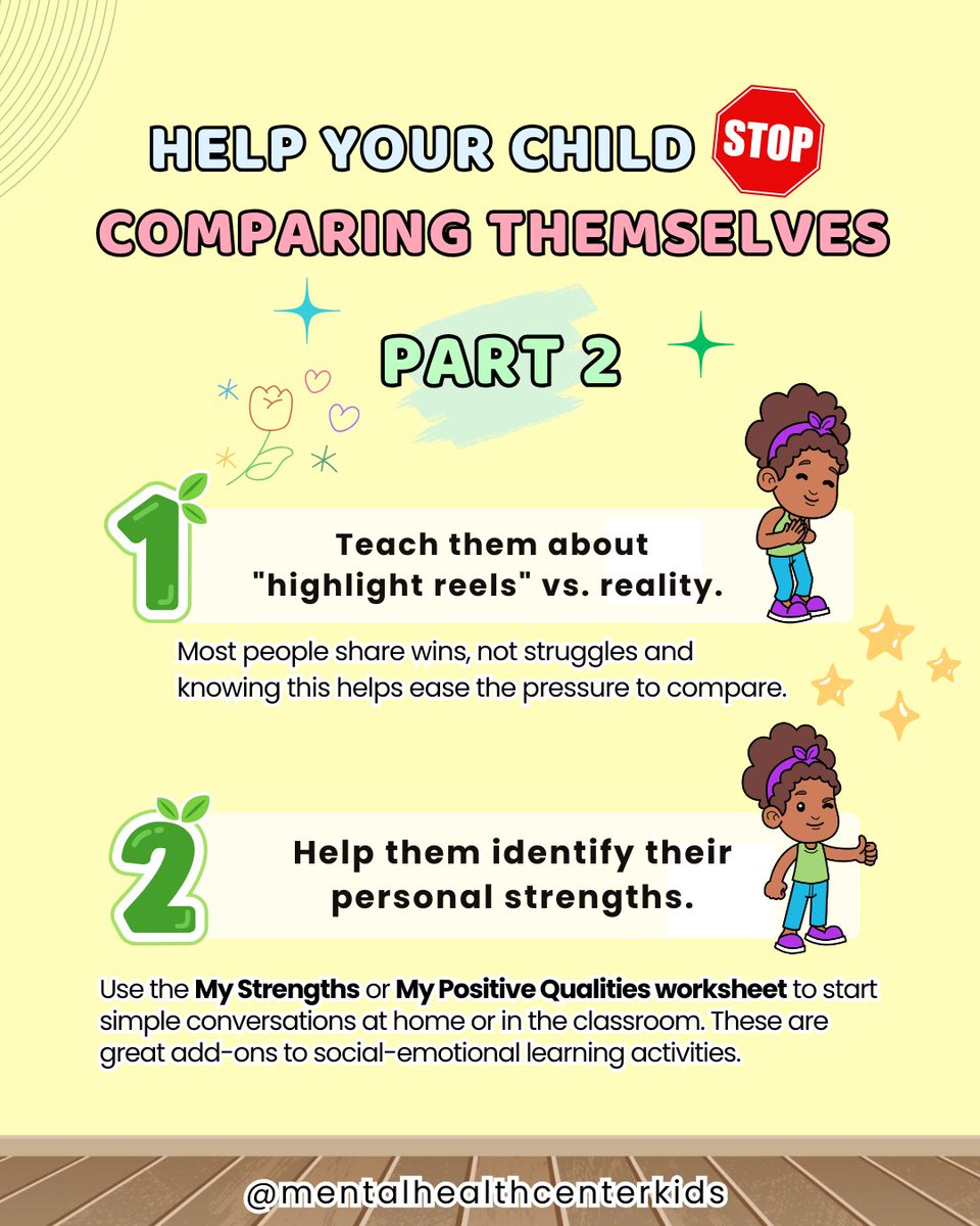 MHCenterKids's tweet photo. Not everything you see is real. 

Kids often compare their behind-the-scenes to someone else’s highlight reel...especially online. That pressure can quietly affect confidence and self-worth. 

Help your child understand this early.💛

Teach them that everyone has struggles.
Guide them to focus on their own journey.
And remind them of what makes them strong.

A few minutes talking about personal strengths can make a lasting difference.

Our 'My Strengths' and 'My Positive Qualities' worksheets (link in our bio) are simple tools you can use at home or in the classroom to start that conversation.

Save this for later. 

Follow for more practical ways to support your child’s emotional growth. 🧠

#ParentingSupport #ConfidentKids #ChildMentalHealth #SocialEmotionalLearning #RaisingResilientKids