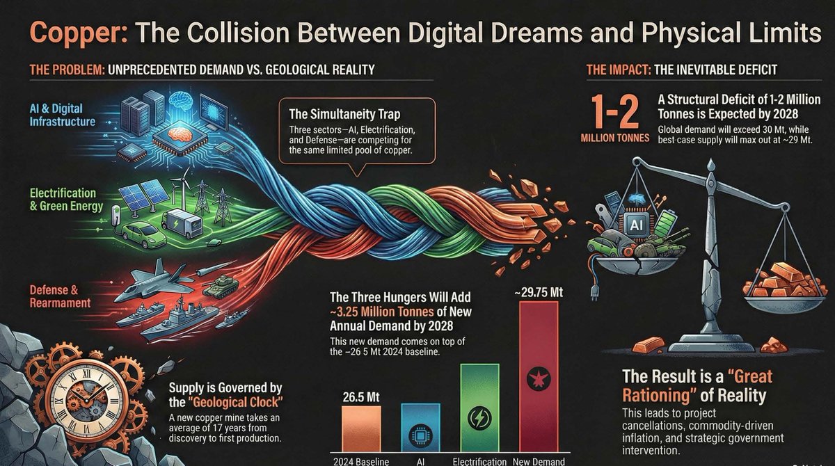 simonnextclick's tweet image. The global economy has entered a simultaneity trap, where the concurrent demands for artificial intelligence, green energy transition, and military expansion are outstripping the physical supply of copper. This resource scarcity creates a state of material denial, where projects…