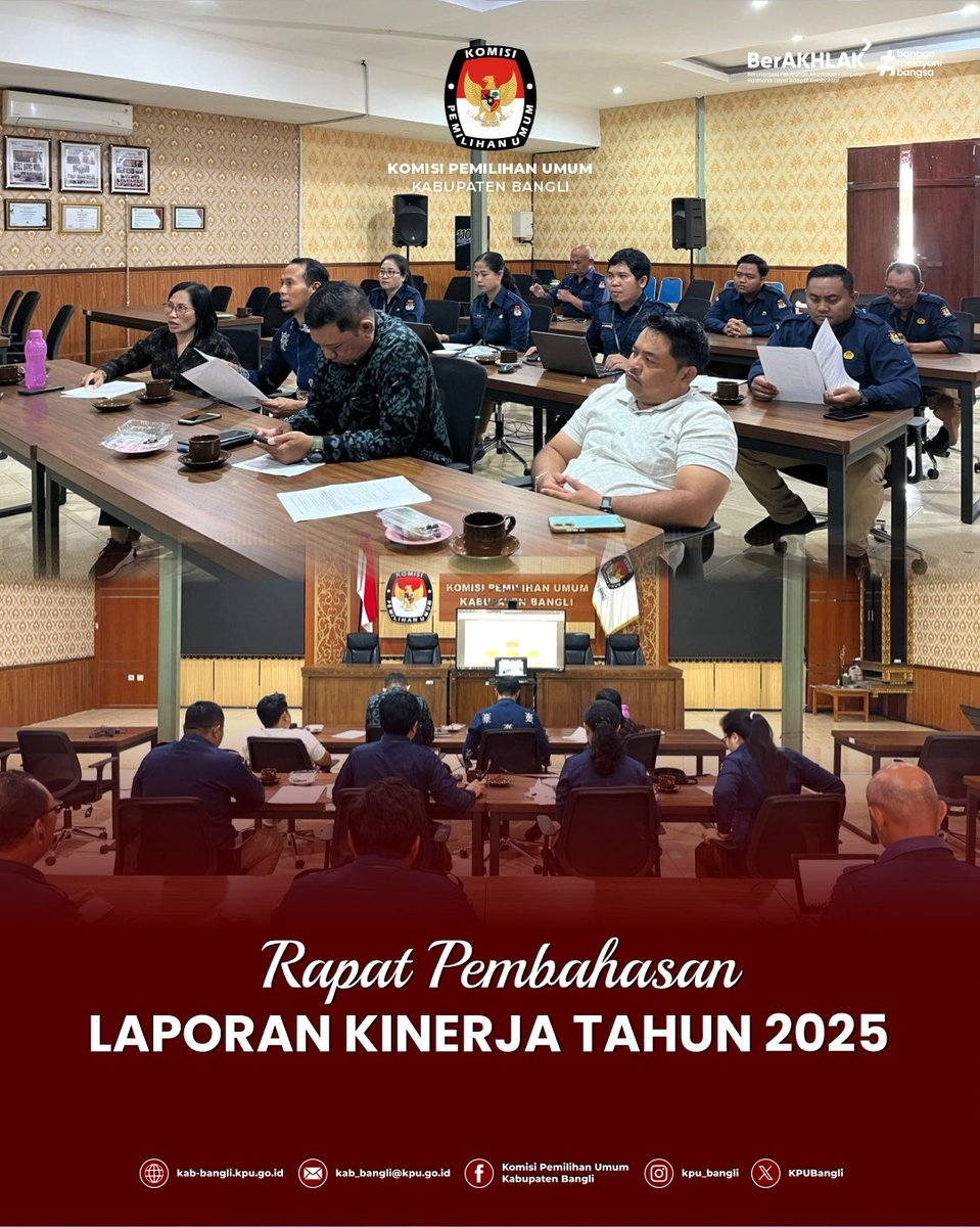 KPU Kabupaten Bangli pada tanggal 27 Januari 2026 melaksanakan rapat pembahasan laporan kinerja tahun 2025 yang dihadiri oleh seluruh komisioner, pejabat struktural, serta staf pelaksana dari Sub Bagian Perencanaan, Data, dan Informasi.