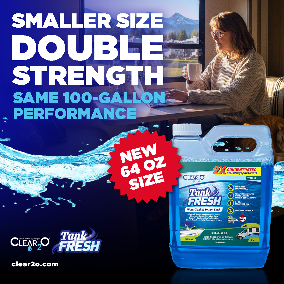 Clear2OWater's tweet photo. The CLEAR2O TankFRESH 2X Concentrate designed to make fresh water tank cleaning simpler than ever. The compact size means less plastic, better control while pouring, &amp; no mess going into your fresh water tank.
Works fast, is bleach-free, biodegradable, &amp; safer for you. https://t.co/mY1emWPRsp