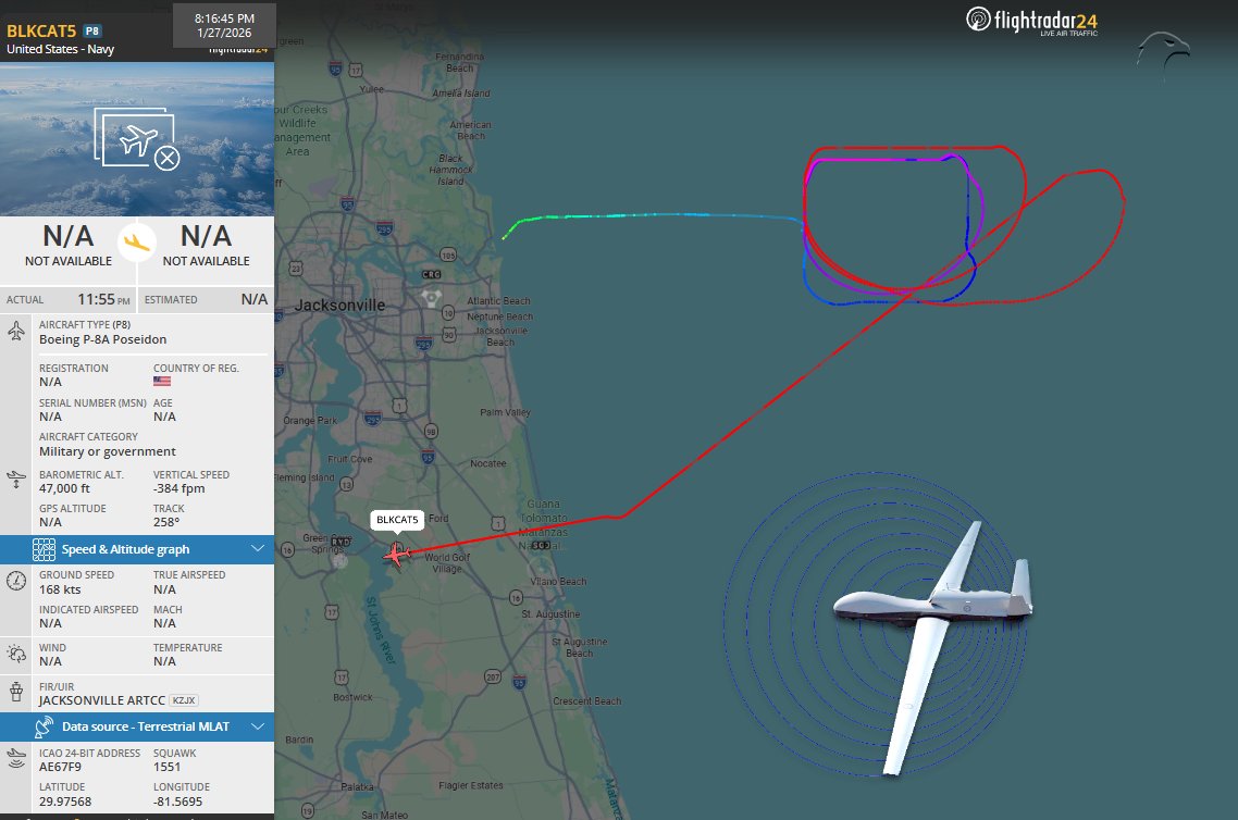 FlconEYES's tweet photo. BLKCAT5 | #Northrop Grumman MQ-4C #Triton #drone
Showing as fake: Boeing P-8A Poseidon

Heading towards US West shore, usually into:
South Caribbean-Yucatan-Campeche #ISR mission.

#AvGeek #ADSB #planespotting #27Jan https://t.co/XhHuEyvCYW