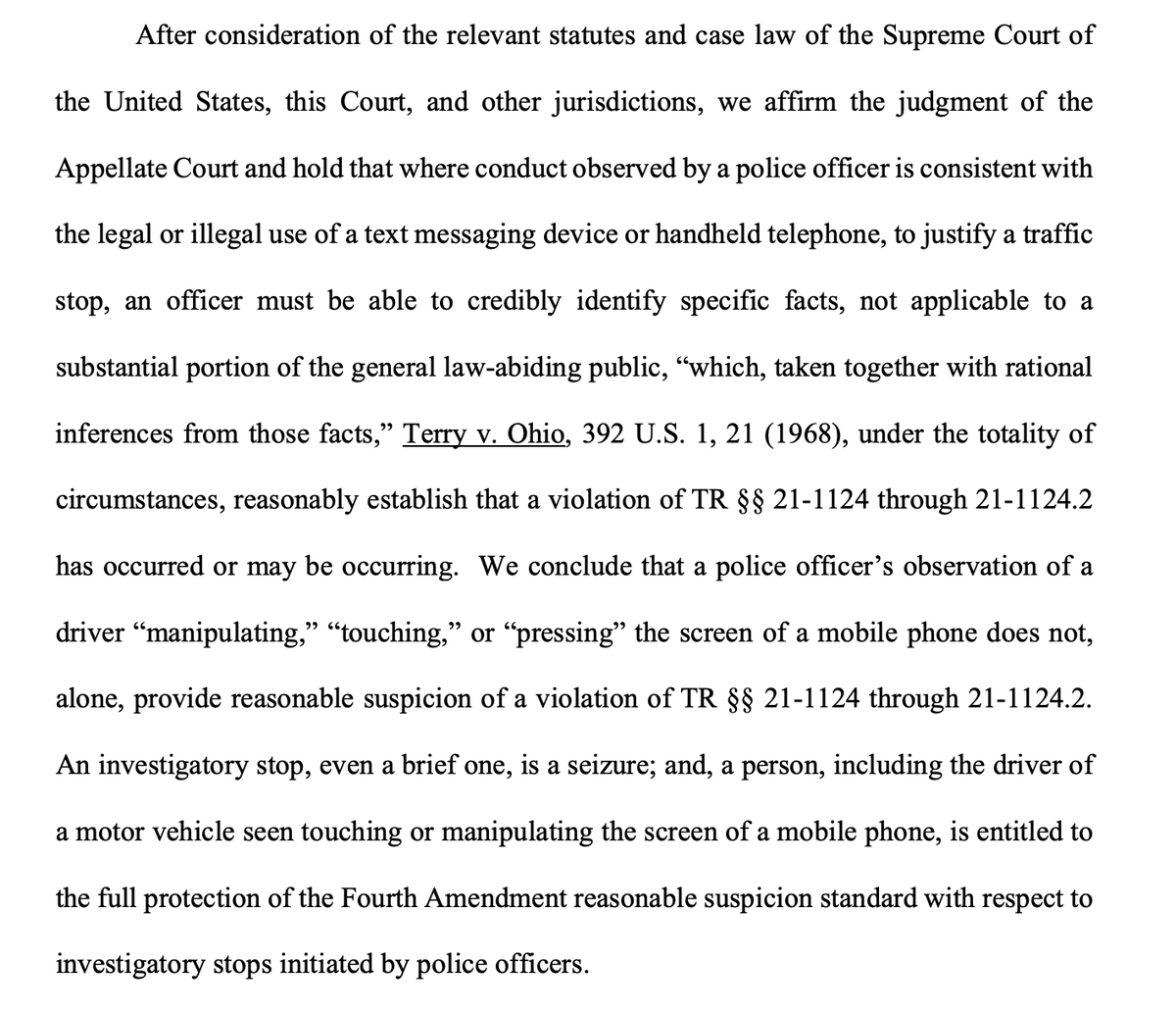 Seeing a driver press the screen of his phone doesn't create reasonable suspicion to stop him for texting while driving in violation of state law, Supreme Court of Maryland rules. 
mdcourts.gov/data/opinions/… #N