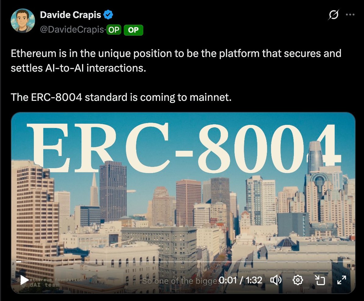 ETH_Daily's tweet image. 🔥HUGE MILESTONE: ERC-8004 is launching on Ethereum Mainnet imminently!

ERC-8004 is a new standard on the Ethereum blockchain designed to help AI agents interact safely and reliably with each other, even if they're built by completely different people or companies.

The Problem…