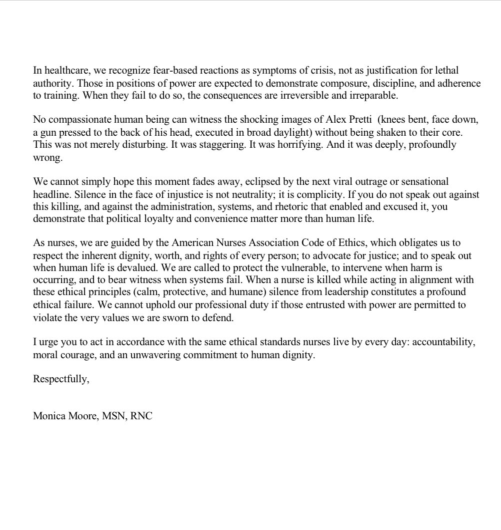 MonicaMoore422's tweet photo. @CaptMarkKelly @CaptMarkKelly I posted a letter written from a nursing ethics perspective on the killing of Alex Pretti. Public trust depends on accountability when authority fails. I appreciate your steady, principled voice. https://t.co/py6Tz2hfsL