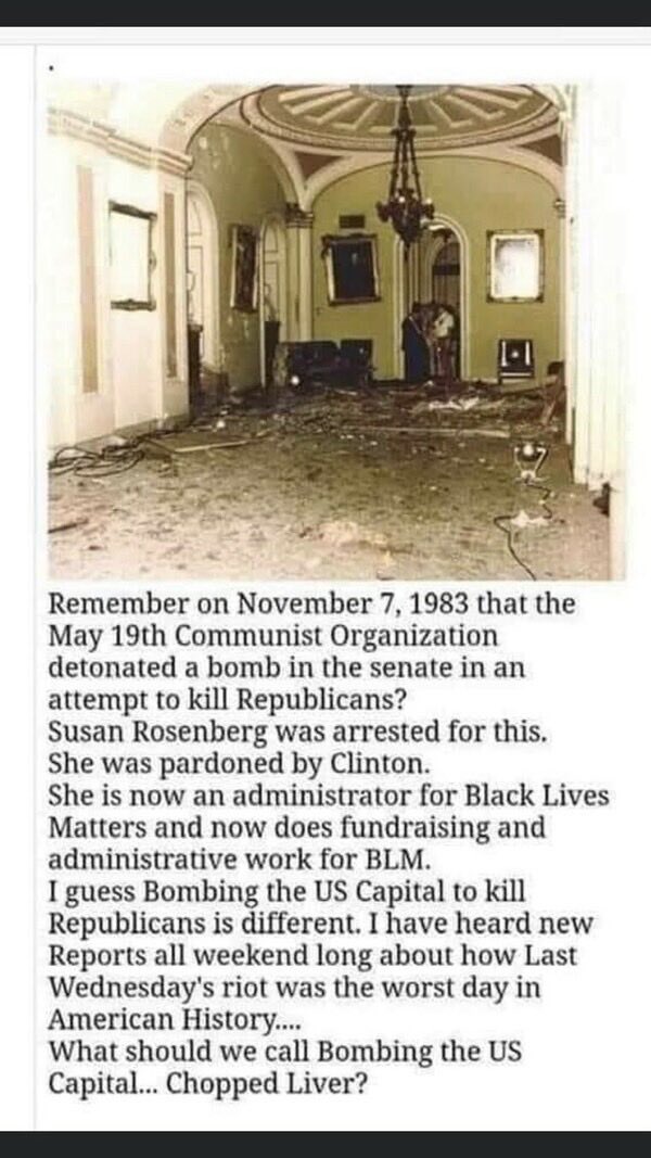 The bombing of the U.S Senate in 1983 aimed at Republicans by a terrorist named Susan Rosenthal who was later pardoned by Clinton .. 

We are NOT the same !!