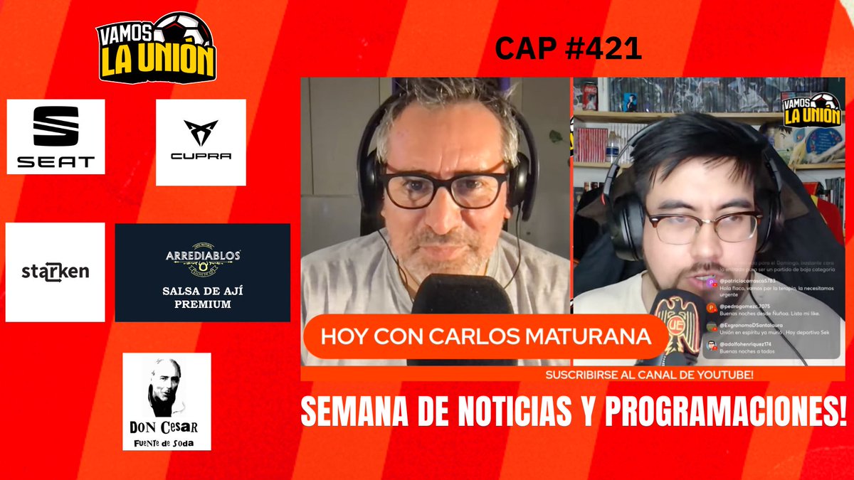 Capítulo 421 del Vamos La Unión, con <a href="/Crlsmtrn/">Carlos Maturana</a> en la tertulia de día martes, comentando las programaciones, Valentín Vidal y la Copa Chile, link y nos vemos el jueves! youtube.com/watch?v=jQlQl2…