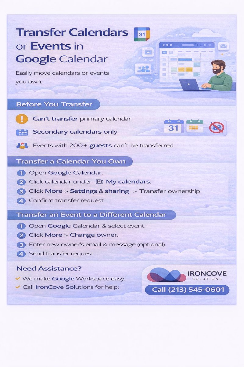 Ironcove's tweet photo. Leaving an employee or changing ownership?

Google Calendar lets you transfer events and secondary calendars without losing access or breaking meetings — when it’s done the right way.

https://t.co/sjYvfRX42F
#GoogleWorkspace #GoogleCalendar  #ITSupport  #AdminTips https://t.co/cJHDzllc2b