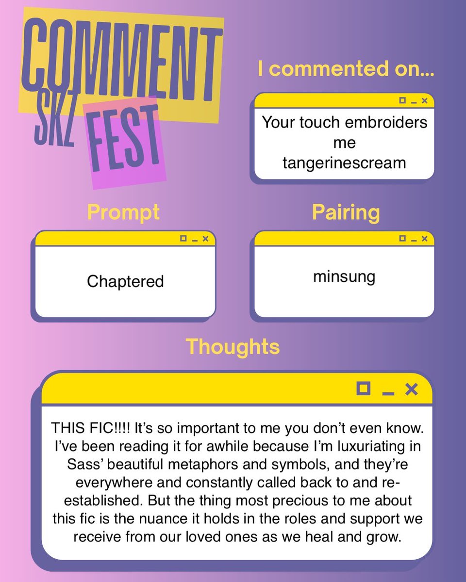 acyari_'s tweet image. Also for @skzcommentfest, I continued reading the wonderful, the incredible Your touch embroiders me by @tangerinescre4m. If you haven't read it, you should. Do it and then come back and cry with me about it

archiveofourown.org/works/64416172…