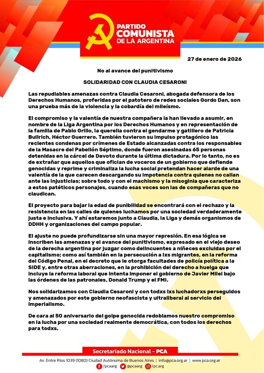 No al avance del punitivismo
SOLIDARIDAD CON CLAUDIA CESARONI