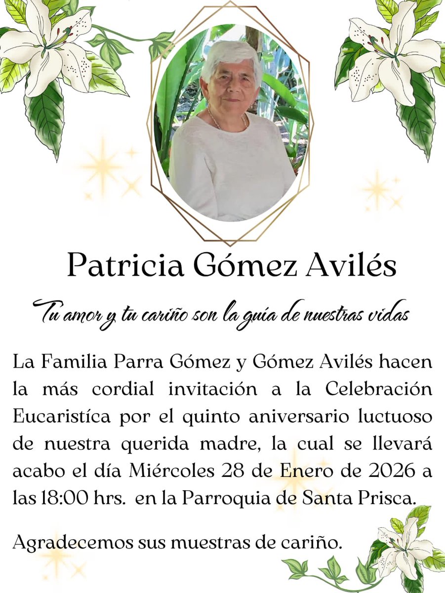 A 5 años de su partida, la recordamos con agradecimiento a Dios,  por recibir sus cariño, sus concejos y su ejemplo de amor en familia y de servicio a la sociedad, junto con mi padre Don Delfino Parr B